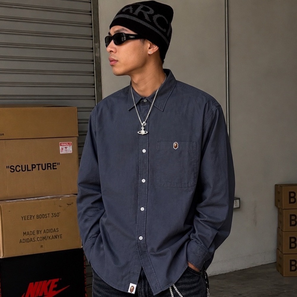 A Bathing Ape BAPE Men Gray Long Sleeve Button Down Shirt Hypebeast Size M mm33